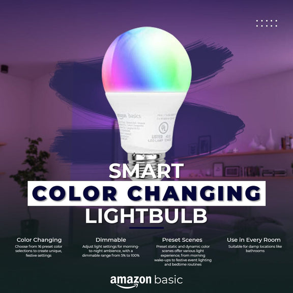 Amazon Basics Smart A19 LED Light Bulb, Color Changing, 2.4 GHz WiFi, Hube (Pvt.) Ltd