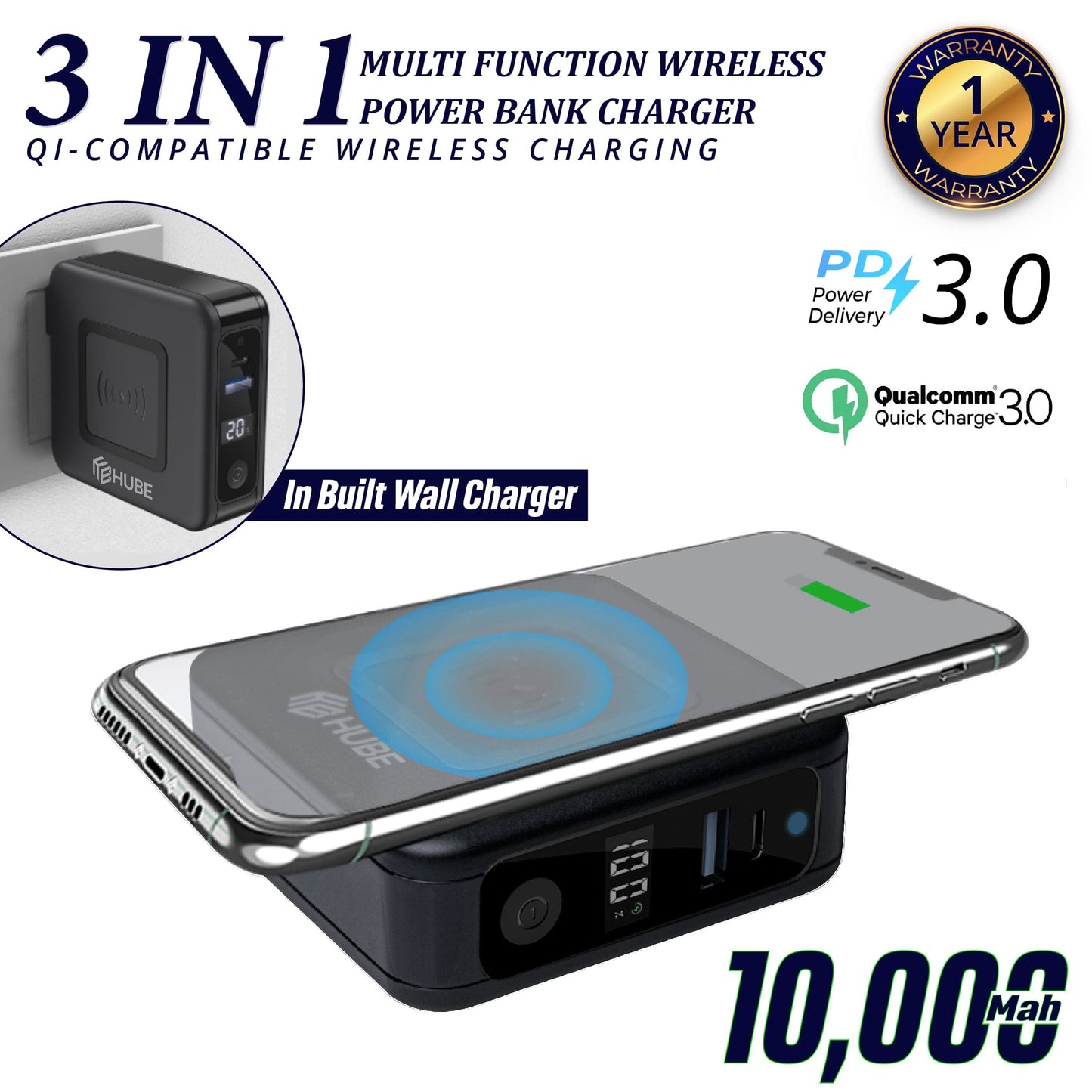 GO HUB 3-in-1 Portable Power Bank with Wall Plug by STATIK